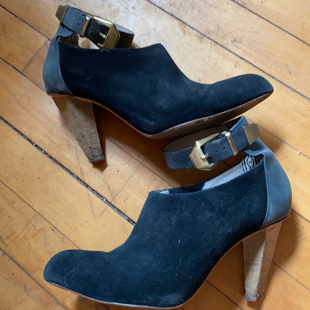 Black suede ankle wrap booties by Matt Bernsen